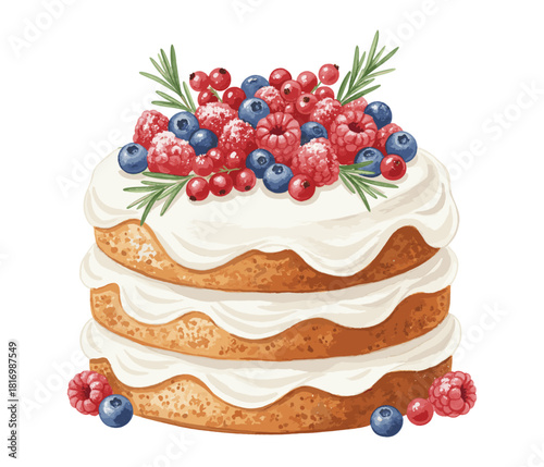 A layered cake with white frosting, topped with a generous pile of fresh raspberries, blueberries, and rosemary sprigs.