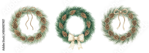 Set of rustic Christmas wreaths made of pine branches and adorned with pinecones and elegant ribbons.