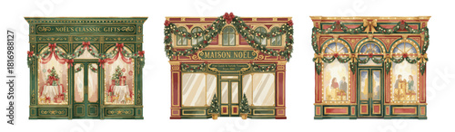 A set vintage style Christmas storefronts decorated with garlands, lights, and festive window displays.