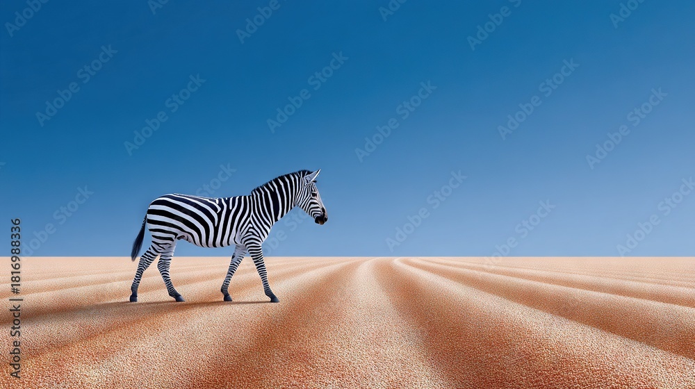 Obraz premium A zebra standing in the center of a vast desert against a backdrop of brilliant blue sky in the photograph