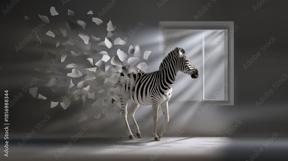 Obraz premium A zebra stands before a window in a lit room, with falling leaves on the wall
