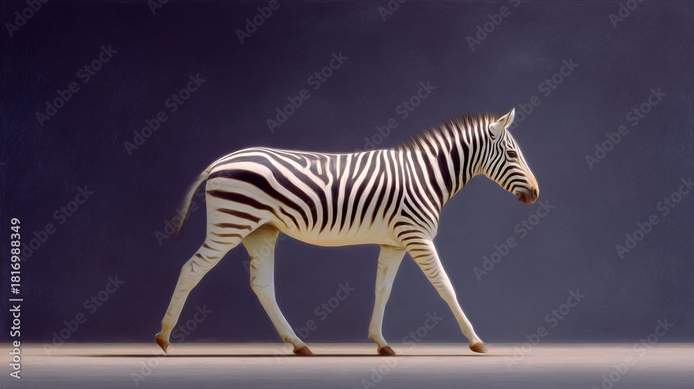 Obraz premium A zebra strolls between two walls, one blue and the other black