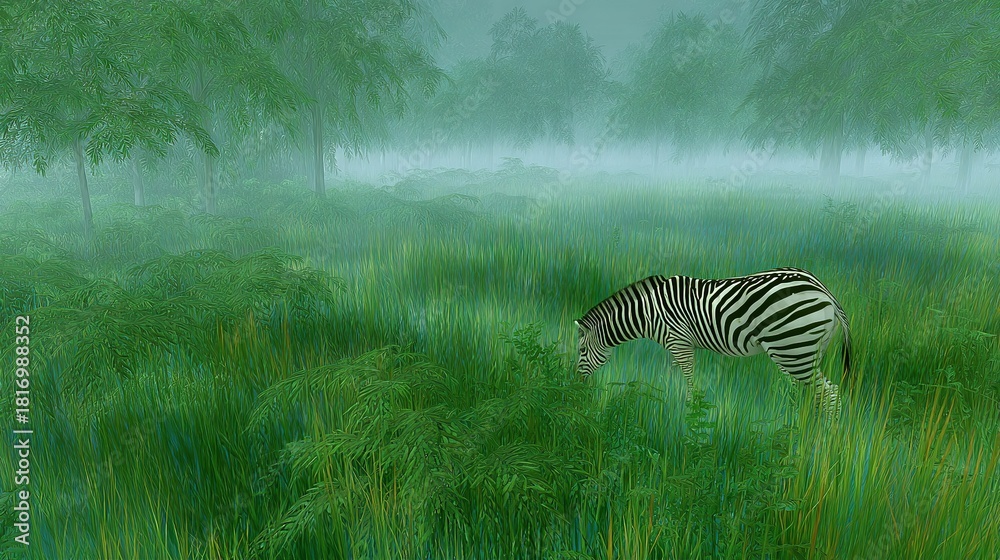 Obraz premium A digital painting of a zebra grazing in a field of tall grass with trees in the background and misty fog shrouding the sky