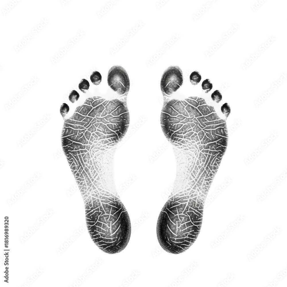 Naklejka premium Two distinct, ultra-detailed black ink human footprints with intricate skin ridges on a transparent surface, top-down macro shot, symbolizing foundational steps