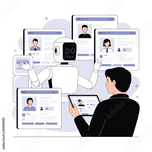 Robot Assisting Professional with Digital Resume and Profile Review in Flat Vector Illustration