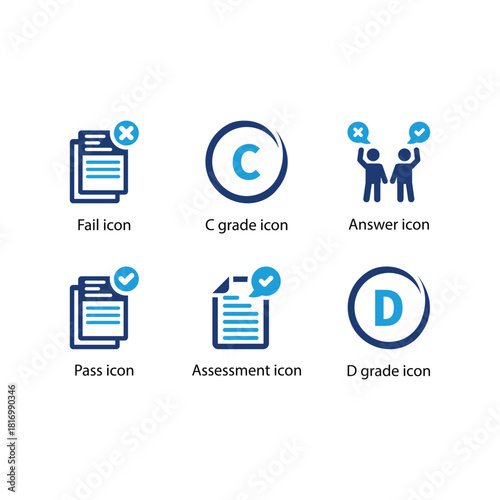 Fail, C grade, Answer, Pass, Assessment, D grade, Blue Icon Set