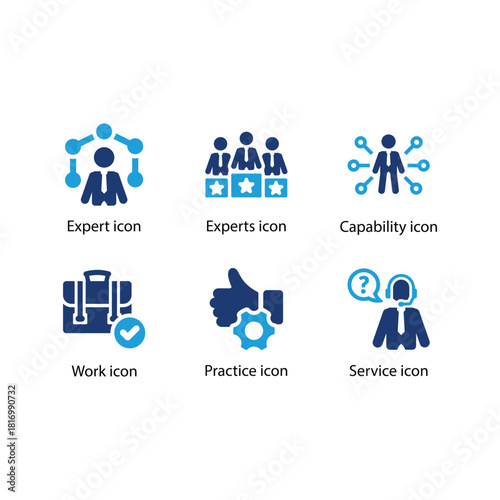 Expert, Experts, Capability, Work, Practice, Service, Blue Icon Set