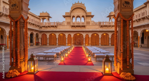 Ornate Indian wedding setup. Features mandap, flowers, and lanterns.  Ideal for event design, cultural background, social media, or as a wedding backdrop.
