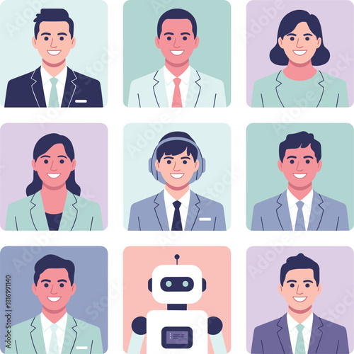 Set of Professional Avatars with Friendly Robot in Modern Flat Vector Illustration