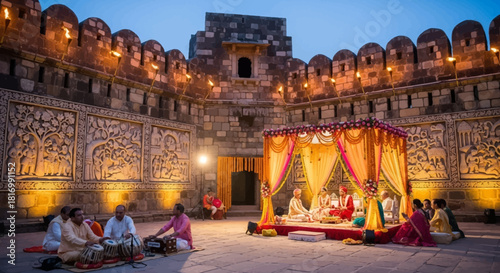Ornate stone textures accent an Indian wedding mandap in a stone fortress. Perfect for travel blogs, wedding venues, and cultural websites.