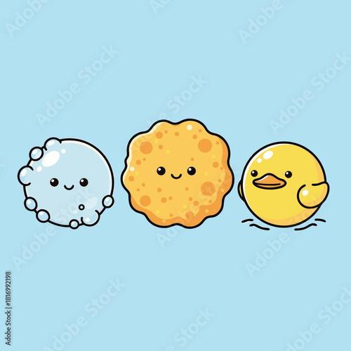 Three cute cartoon characters, a bubbly cloud, a porous cookie, and a duckling, on a light blue background.