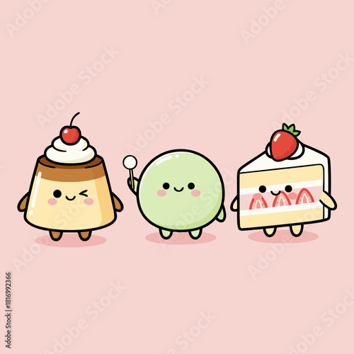 Three adorable cartoon desserts: a winking pudding, a happy green mochi, and a smiling strawberry cake slice on a pink background.