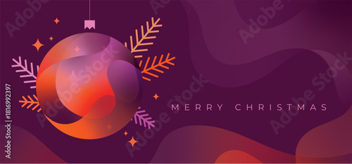 Modern Gradient Christmas Bauble Banner Card with Dynamic and Smooth Flowing Gradient Shapes in Plum, Light Pink and Vibrant Orange