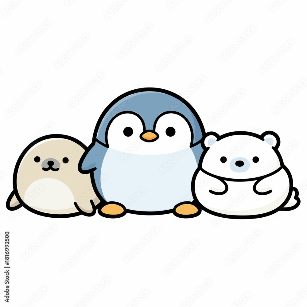Obraz premium Three adorable cartoon arctic animals, a seal, penguin, and polar bear, sitting together in a cute illustration.