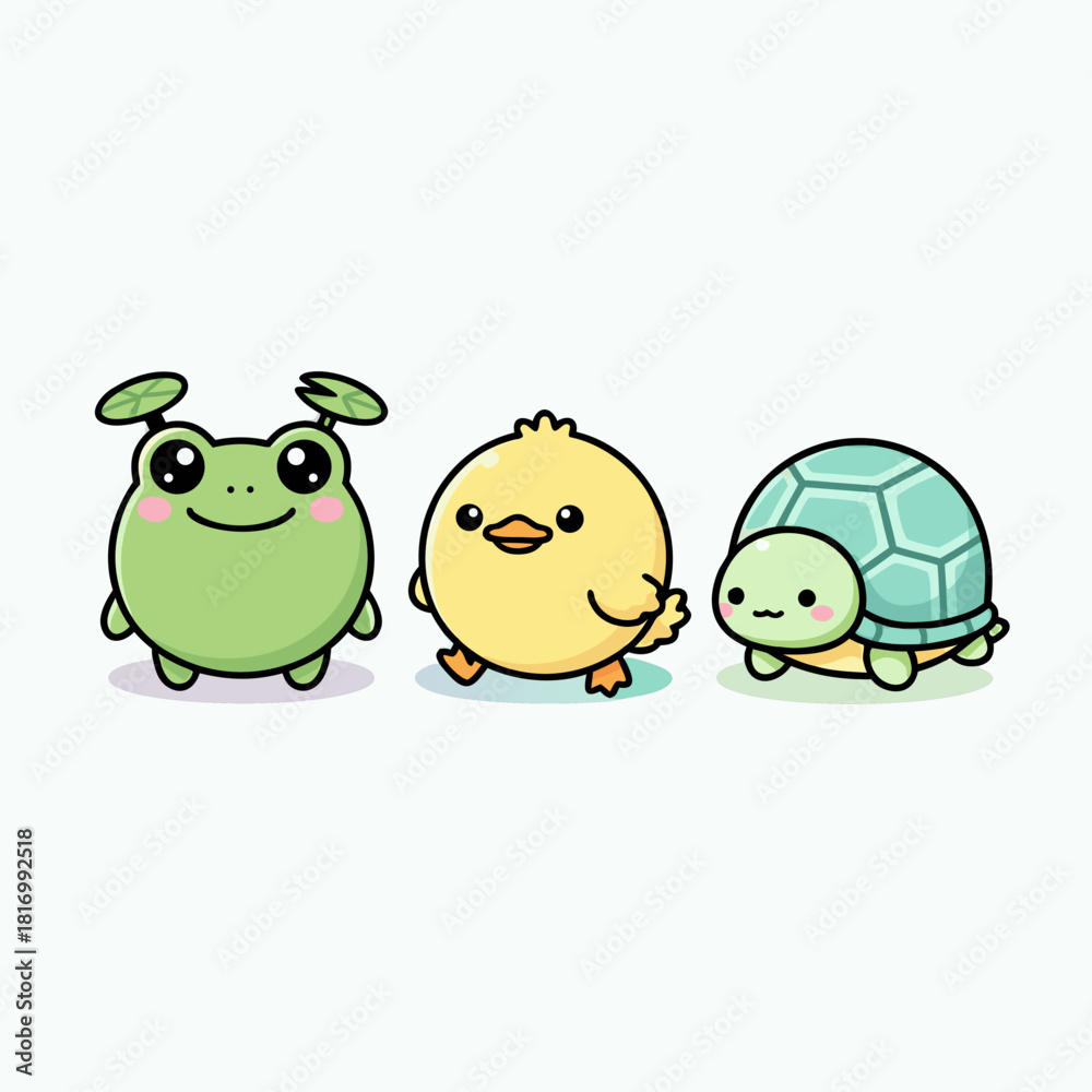 Fototapeta premium Three cute cartoon animals: a frog, a chick, and a turtle, depicted in a charming, simple, and friendly style on a white background.