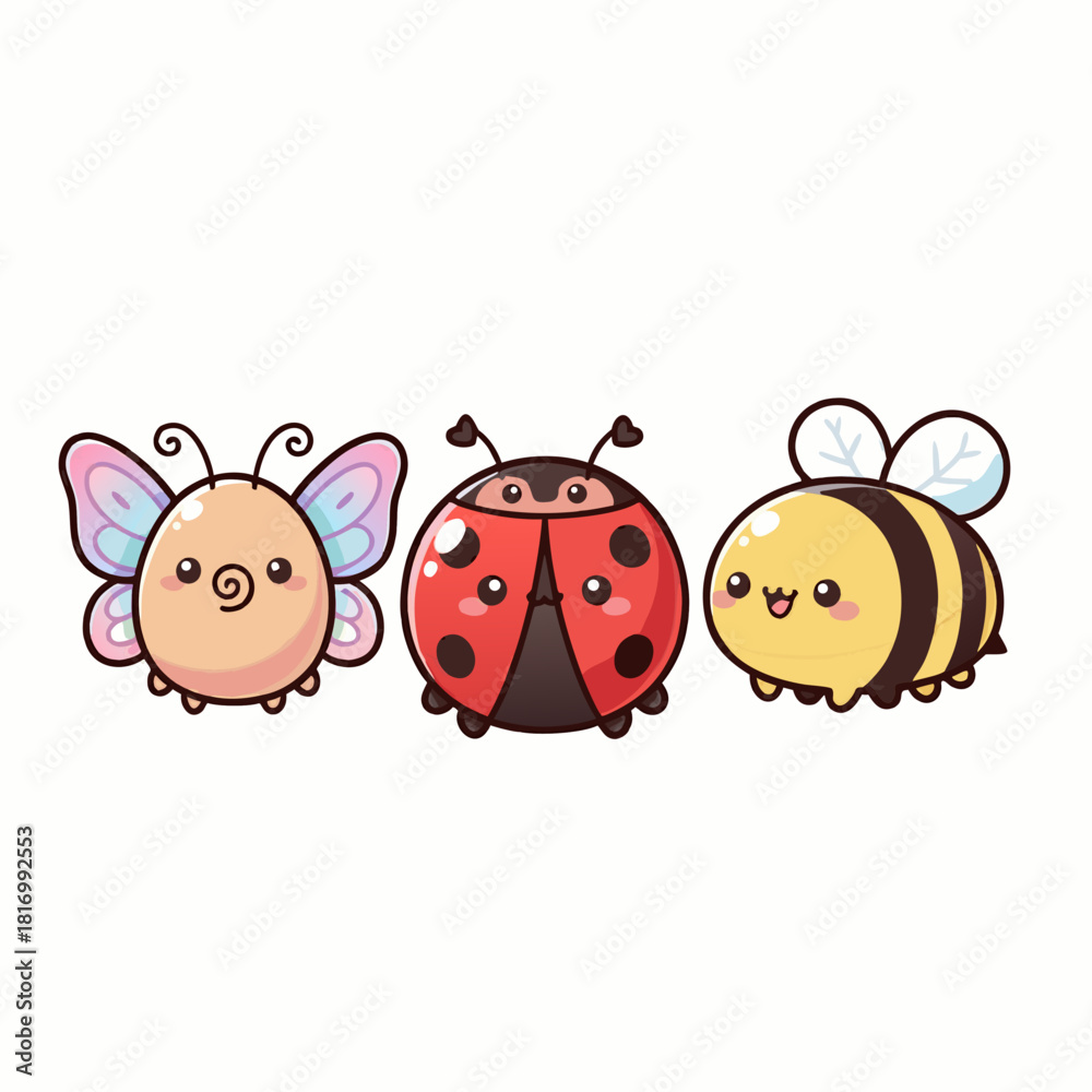 Obraz premium Three adorable cartoon insects: a butterfly, a ladybug, and a bee, with cute faces on a white background.