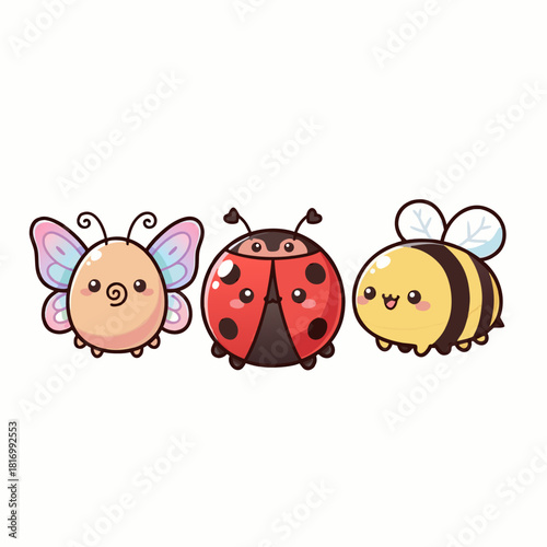 Three adorable cartoon insects: a butterfly, a ladybug, and a bee, with cute faces on a white background.