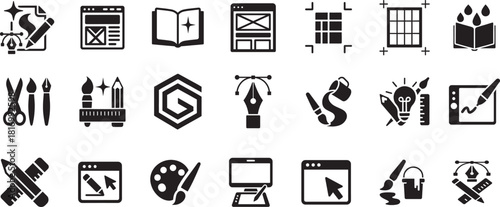 Graphic design icon set showing creative tools, layout elements and art symbols in bold vector style.