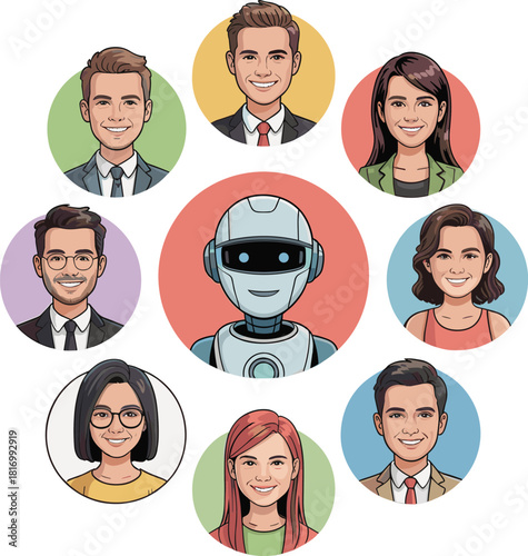Circle Avatar Set of Diverse People with Friendly Robot Character Vector Illustration