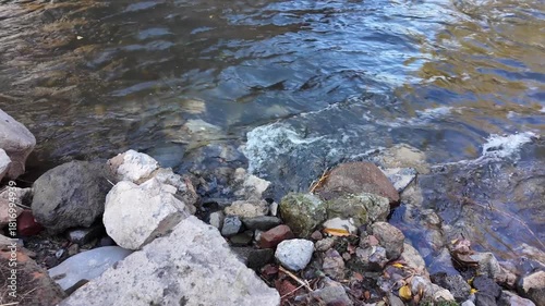 The river flows among the stones, close-up