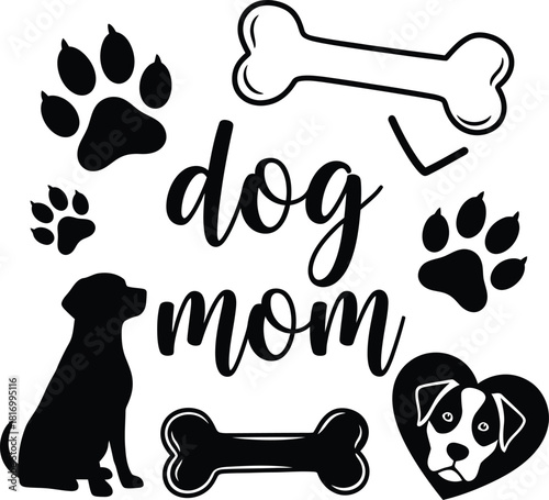 Dog Mom Typography Design Paw Prints Dog Bone Dog Silhouette Graphic Art Vector Illustration Isolated On Transparent Background