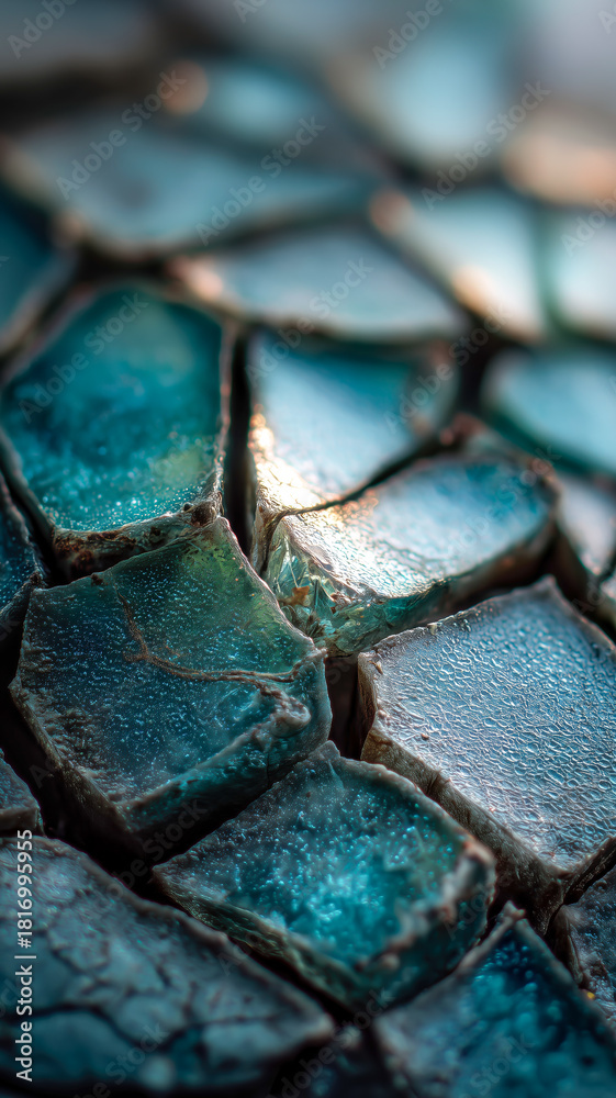 Fototapeta premium Detailed close-up of tessellated aqua glazed tiles, reflecting light and creating a textured mosaic, showcasing depth and color nuances.