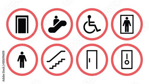  Elevator & Accessibility Signs for Offices, Malls Lift, Escalator, Wheelchair, Stairs, Automatic Door Silhouette