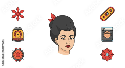 Colorful steampunk avatar illustration with woman and gears for use in graphic design projects or as a profile picture for social media accounts