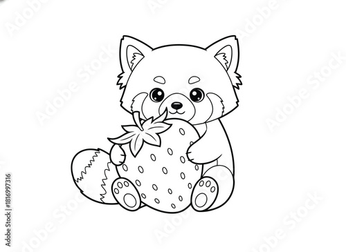 Cute red panda holding a strawberry, isolated on