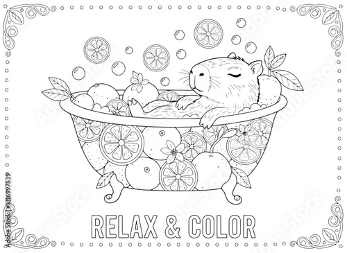 Capybara in tub with oranges, isolated on