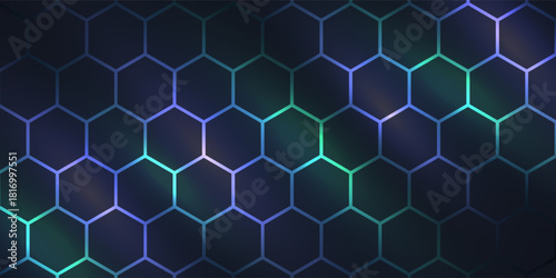 Dark hexagonal technology abstract vector background with purple and green colored bright flashes under hexagon. Hexagonal gaming vector.