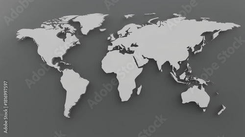 Raised white continents on a gray background, world map view