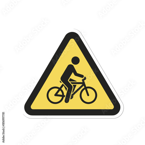 Warning sign of a cyclist riding a bicycle in yellow triangle  