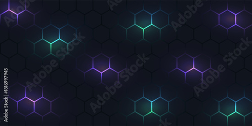 Dark hexagonal technology abstract vector background with purple and green colored bright flashes under hexagon. Hexagonal gaming vector.