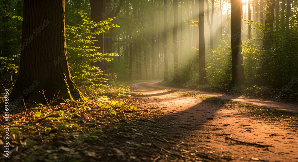 Fototapeta premium Golden-hour forest trail: sunlit path through towering trees with warm, dramatic light