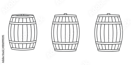 Three wooden barrels isolated on white background, vintage storage containers