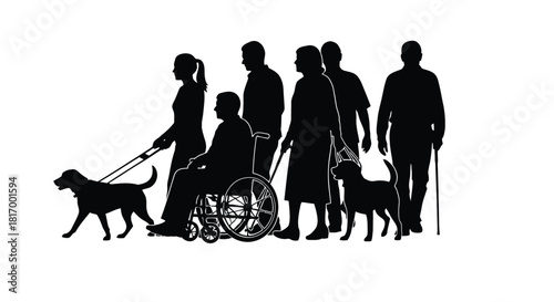 A group of people including those with disabilities and their companion animals walking together