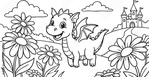 Cute Baby Dragon in a Flowery Landscape Coloring Page Illustration