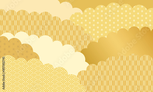 和柄模様の金色の雲が美しくデザインされた和風背景イラスト