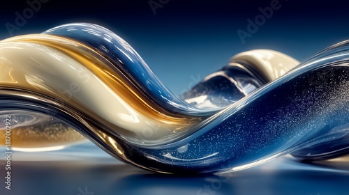 Fototapeta Naklejka Na Ścianę i Meble -  Long, curvy line of gold, blue, and white paint. The colors are swirling together, creating a sense of movement