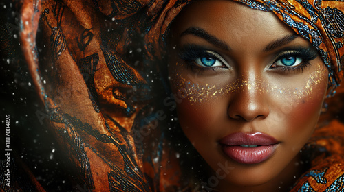 Stunning African Woman Portrait with Blue Eyes and Glitter Makeup in a Traditional Headwrap
