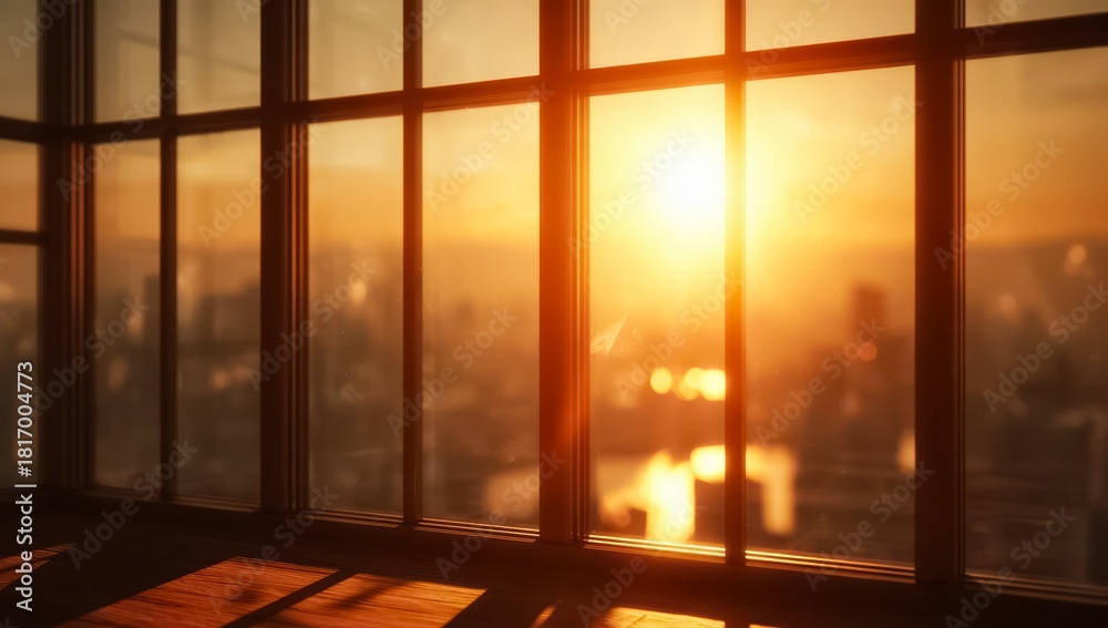 Fototapeta premium Window with a city view and the sun shining through it. The sun is setting and the city is lit up