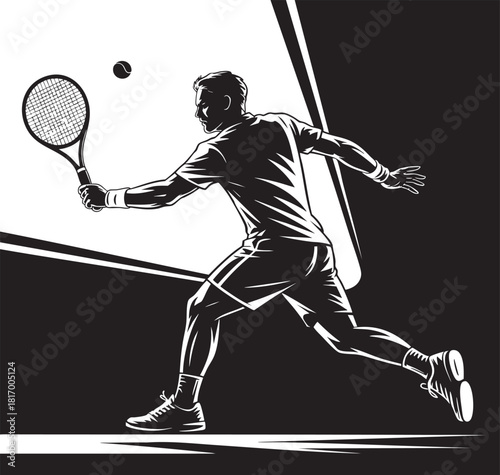 A silhouetted male tennis player in mid-stride, powerfully hitting a forehand with intense focus and athletic motion.