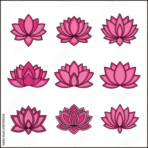 Pink Lotus Flower Vector Set: Yoga and Wellness Icons