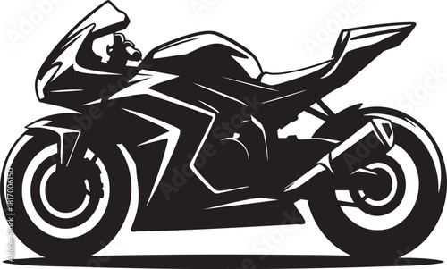 A stylized black sport motorcycle is depicted in a side profile, showcasing its aerodynamic design and powerful silhouette.