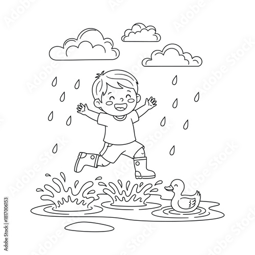 Boy jumping in a puddle with a duck and clouds in the rain