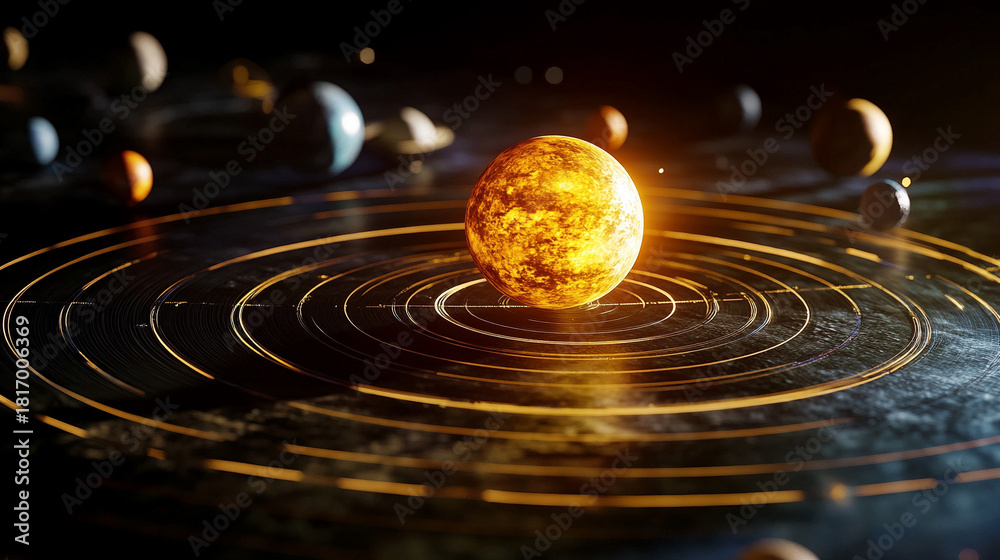 Fototapeta premium A holographic solar system floating in mid-air, with glowing planets, orbit lines, and shimmering light projections creating a futuristic sci-fi display.