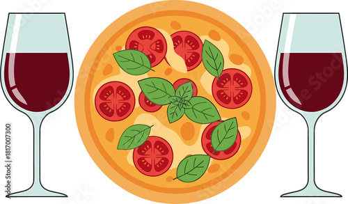 Margherita Pizza and Red Wine Pairing Vector Illustration