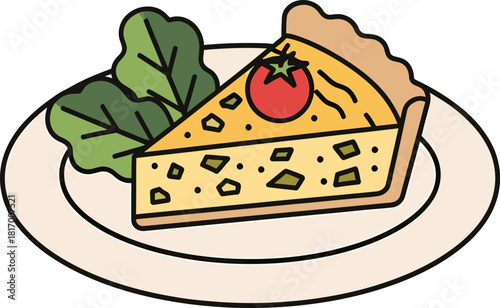 Slice of Quiche Icon. Savory Pie or Tart with Tomato and Salad Illustration.