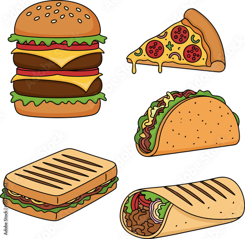 Cartoon Fast Food Icons Set: Burger, Pizza Slice, Taco, Burrito, and Sandwich
